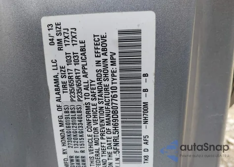 2013 Honda Odyssey Ex-L from USA, damaged, VIN 5FNRL5H69DB077610